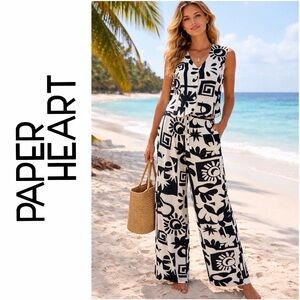 Anthropologie Paper Heart Black Cream Abstract Linen Vest & Wide leg Pants set M